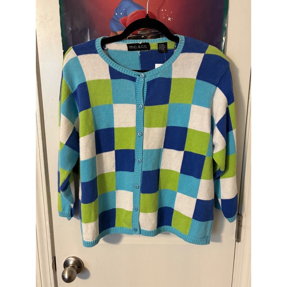 MC & CO Womens Blue Green White Checkerboard Knit Cardigan Sweater Size L y2k